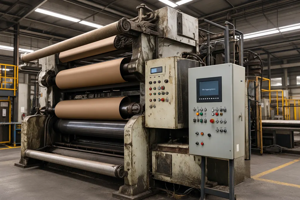 An aging paper-converting machine on a plant floor with a modern control cabinet and HMI installed alongside it