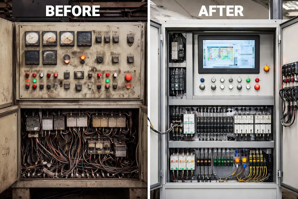 Before and after of an industrial control panel: a grimy legacy relay panel modernized to a clean HMI and organized components