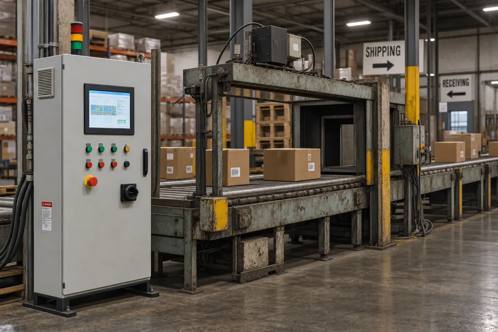An industrial warehouse conveyor line with a modern control cabinet and operator interface
