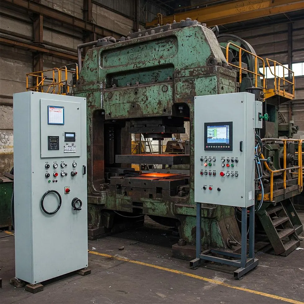 A large aging industrial press flanked by two modern control cabinets with HMIs